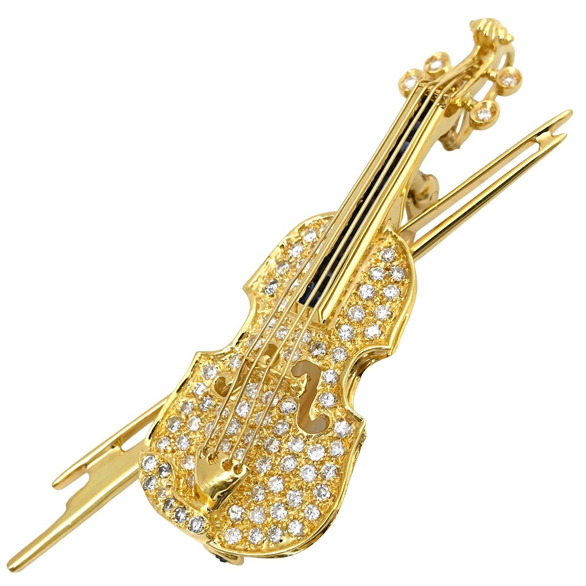 ブローチ ダイヤ サファイア イエローゴールド バイオリンモチーフ YG 18 K ピンブローチ ブルー 青 楽器 パヴェダイヤ