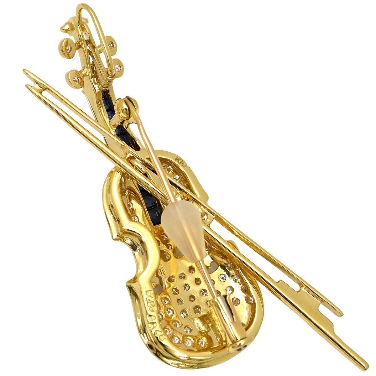 ブローチ ダイヤ サファイア イエローゴールド バイオリンモチーフ YG 18 K ピンブローチ ブルー 青 楽器 パヴェダイヤ