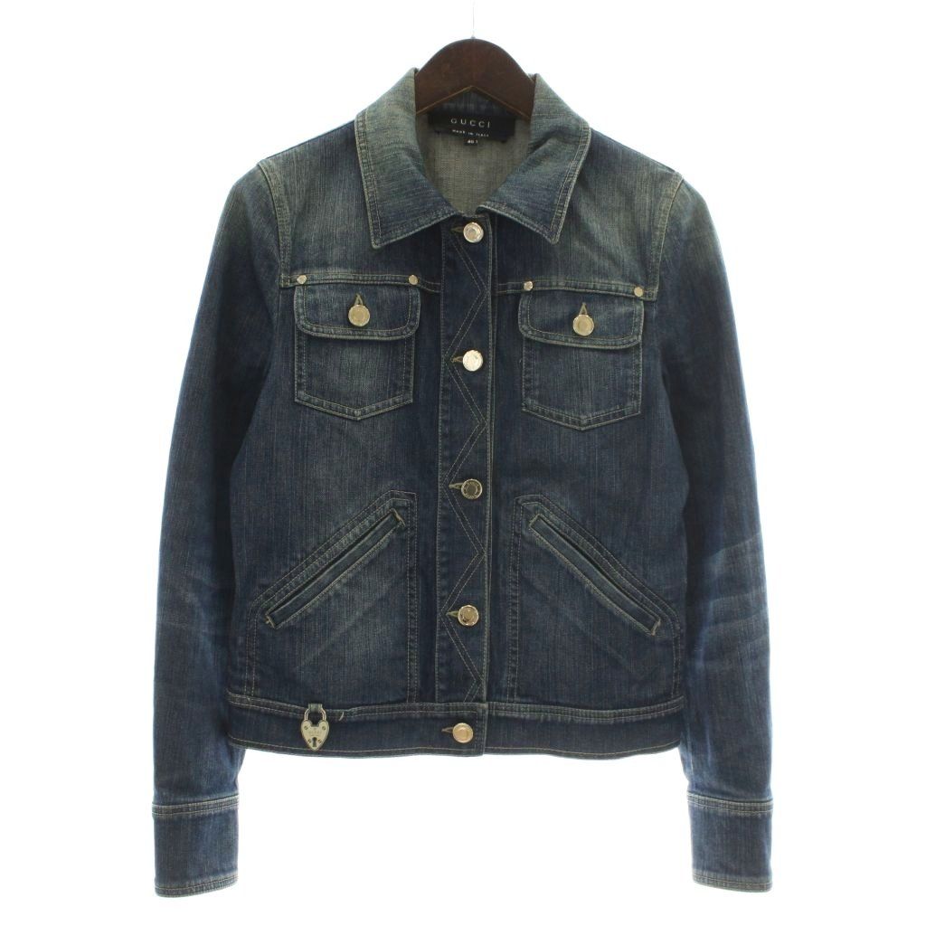 グッチ GUCCI デニムジャケット Gジャン ジージャン ロゴボタン ハートパドロックチャーム付き 40 M インディゴ 紺 ネイビー XZ