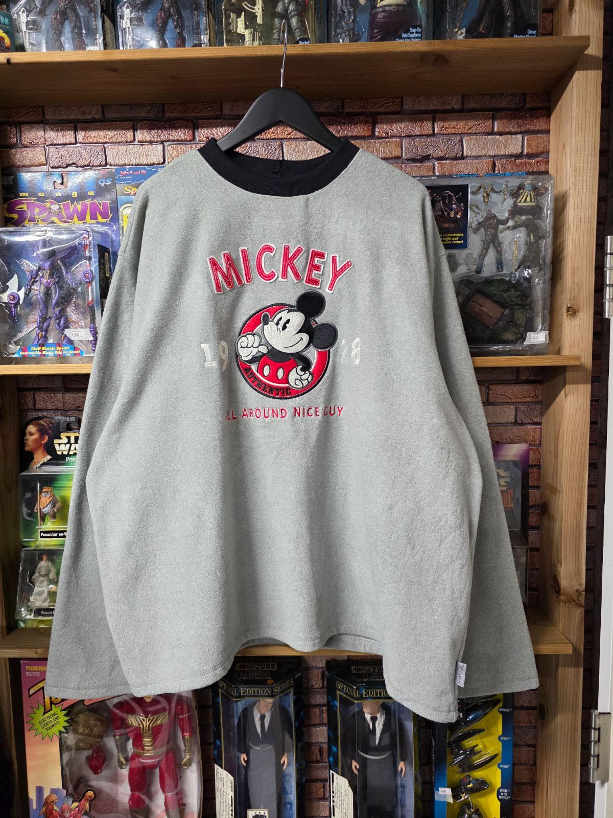 【US古着】90s Disney Store Mickey Fleece | ディズニーストア限定 ミッキー 刺繍 フリース プルオーバー トレーナー グレー ビックサイズ