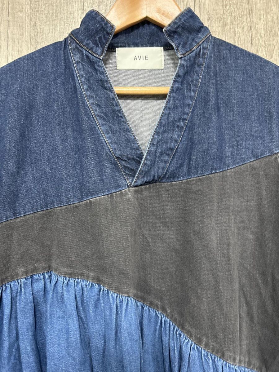 AVIE アビィ デザイナーズ チュニック デニム シャツ size 38 紺×黒×青 レディース