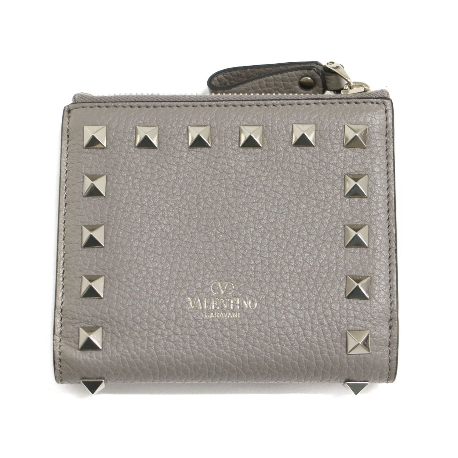 VALENTINO GARAVANI ヴァレンティノ ガラヴァーニ ロックスタッズ 二つ折り財布 短財布 ファスナー ブランドロゴ 牛革 グレージュ イタリア製 ブランド ファッション アイテム レディース