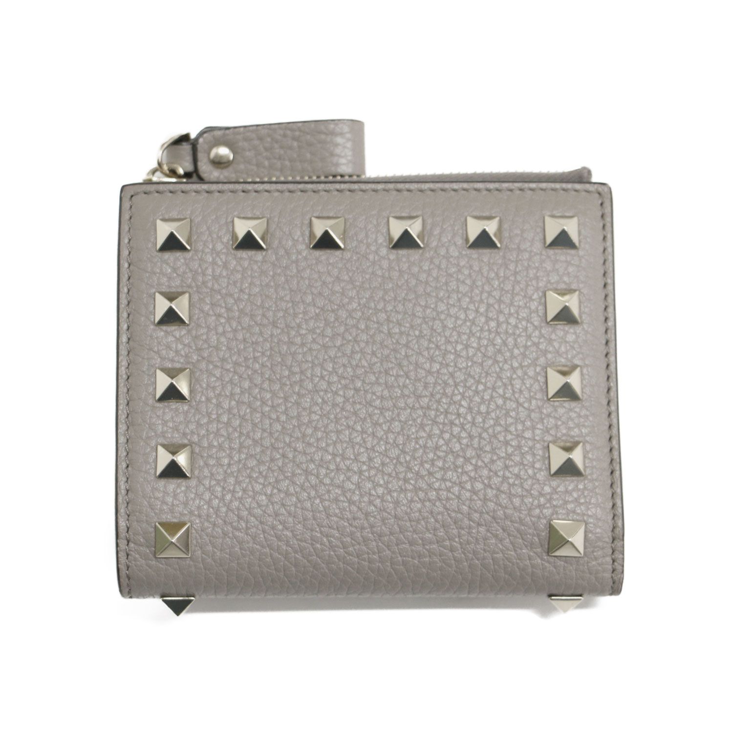 VALENTINO GARAVANI ヴァレンティノ ガラヴァーニ ロックスタッズ 二つ折り財布 短財布 ファスナー ブランドロゴ 牛革 グレージュ イタリア製 ブランド ファッション アイテム レディース