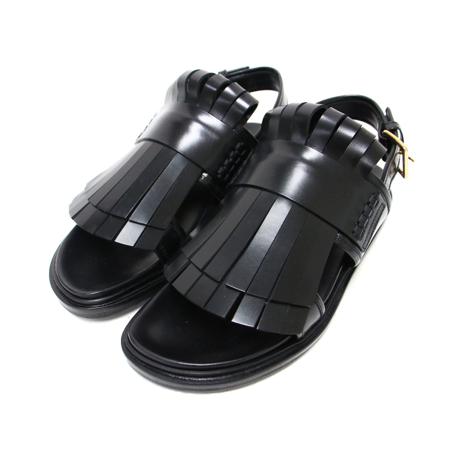 MARNI マルニ サンダル サイズ 38 25.0 cm レザー フスベット フリンジ フラット ストラップ ステッチ 牛革 ブラック ゴールド イタリア製 ブランド シューズ 靴 レディース