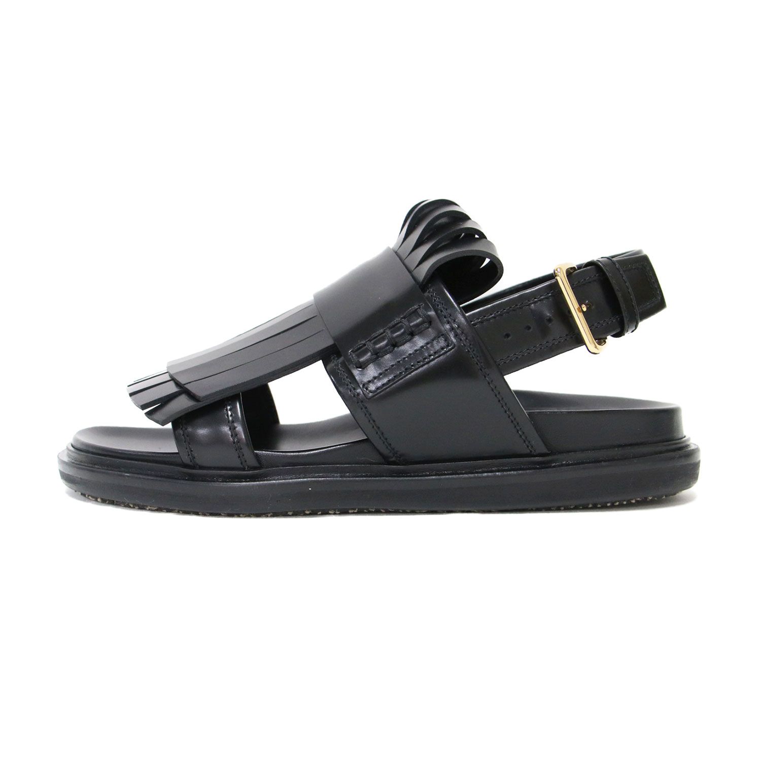 MARNI マルニ サンダル サイズ 38 25.0 cm レザー フスベット フリンジ フラット ストラップ ステッチ 牛革 ブラック ゴールド イタリア製 ブランド シューズ 靴 レディース