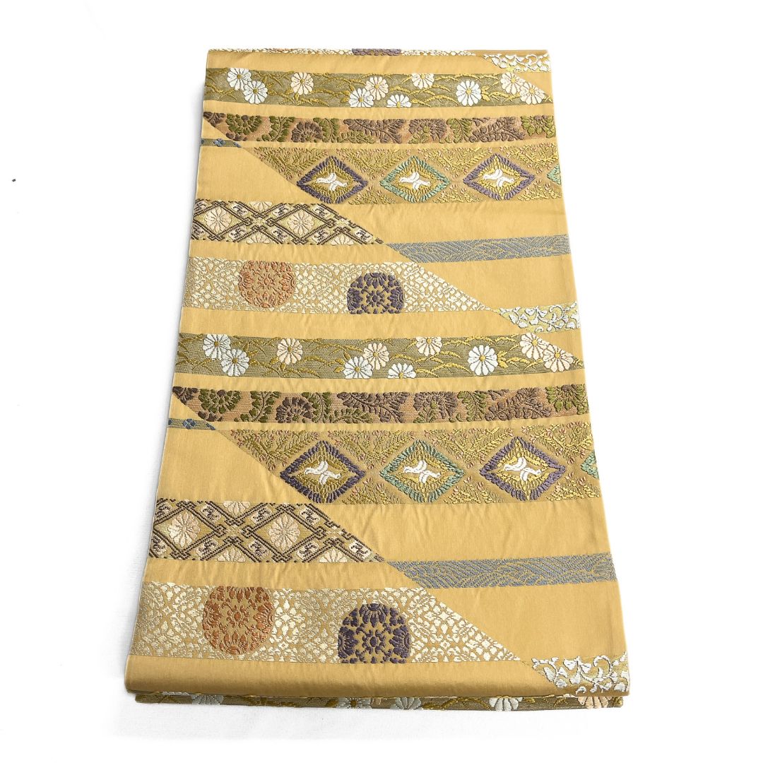 袋帯 横縞 唐織 鶴菱 菊 唐花 芝草 菱 着物 123b d ms - メルカリ