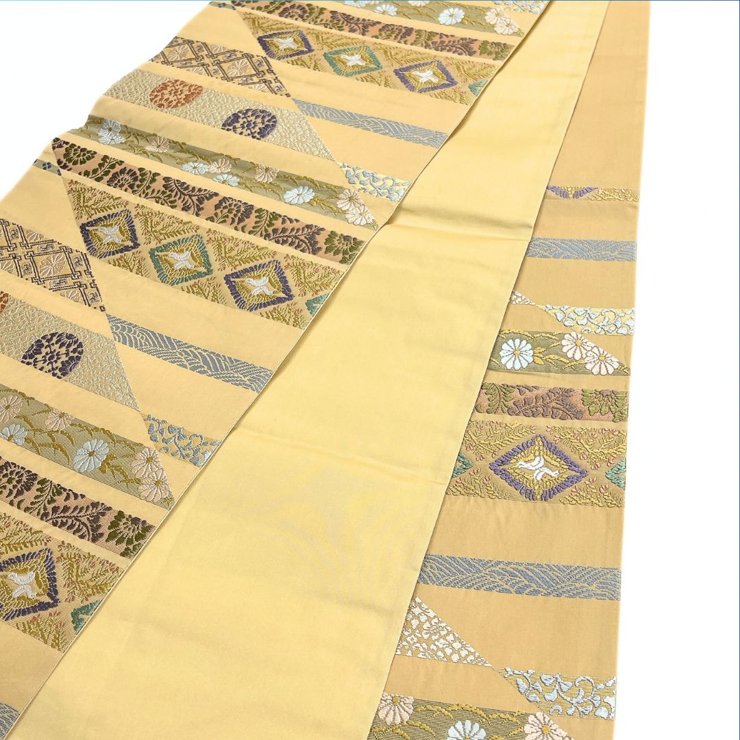 袋帯 横縞 唐織 鶴菱 菊 唐花 芝草 菱 着物 123b d ms - メルカリ