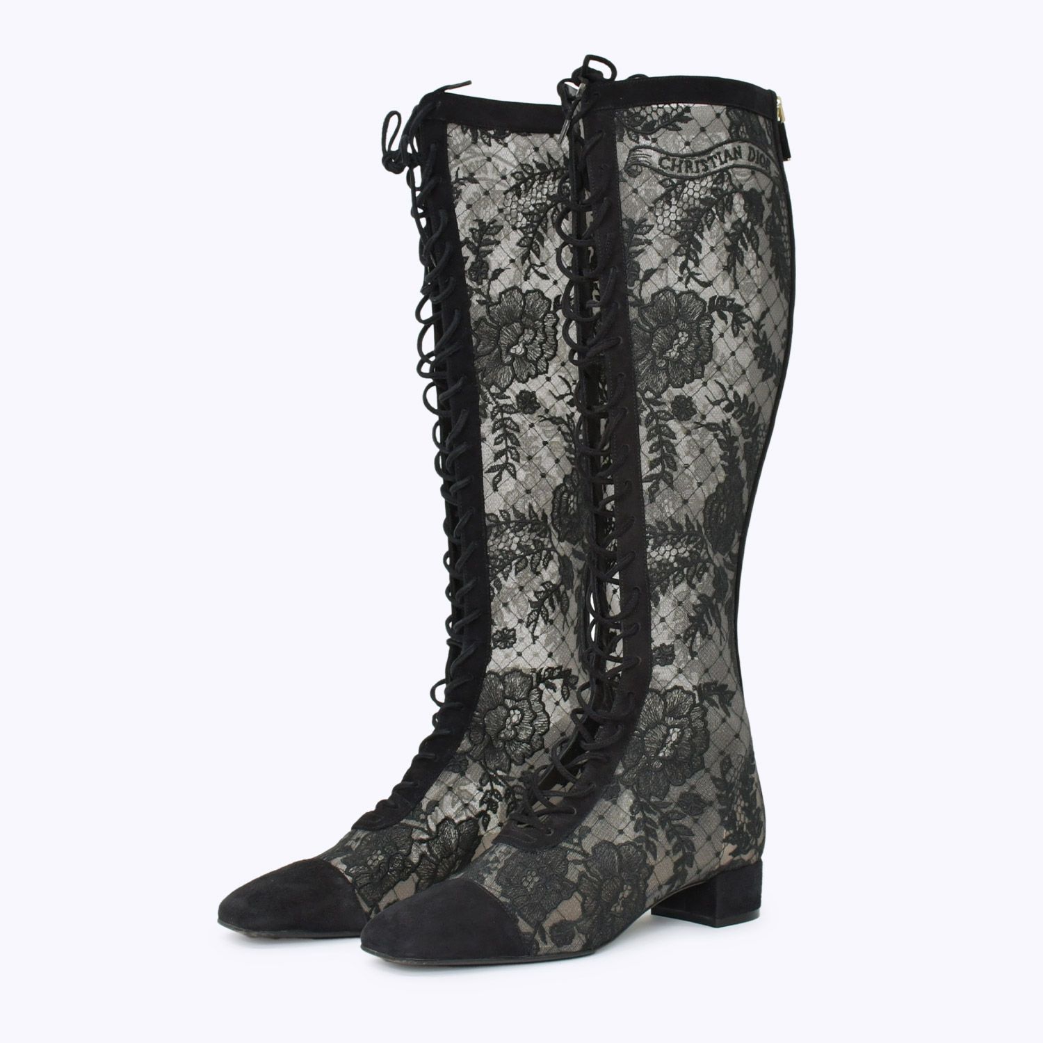 Christian Dior クリスチャンディオール レースアップ ロングブーツ MD 0922 サイズ36 総柄レース ブラック 4 b 010480