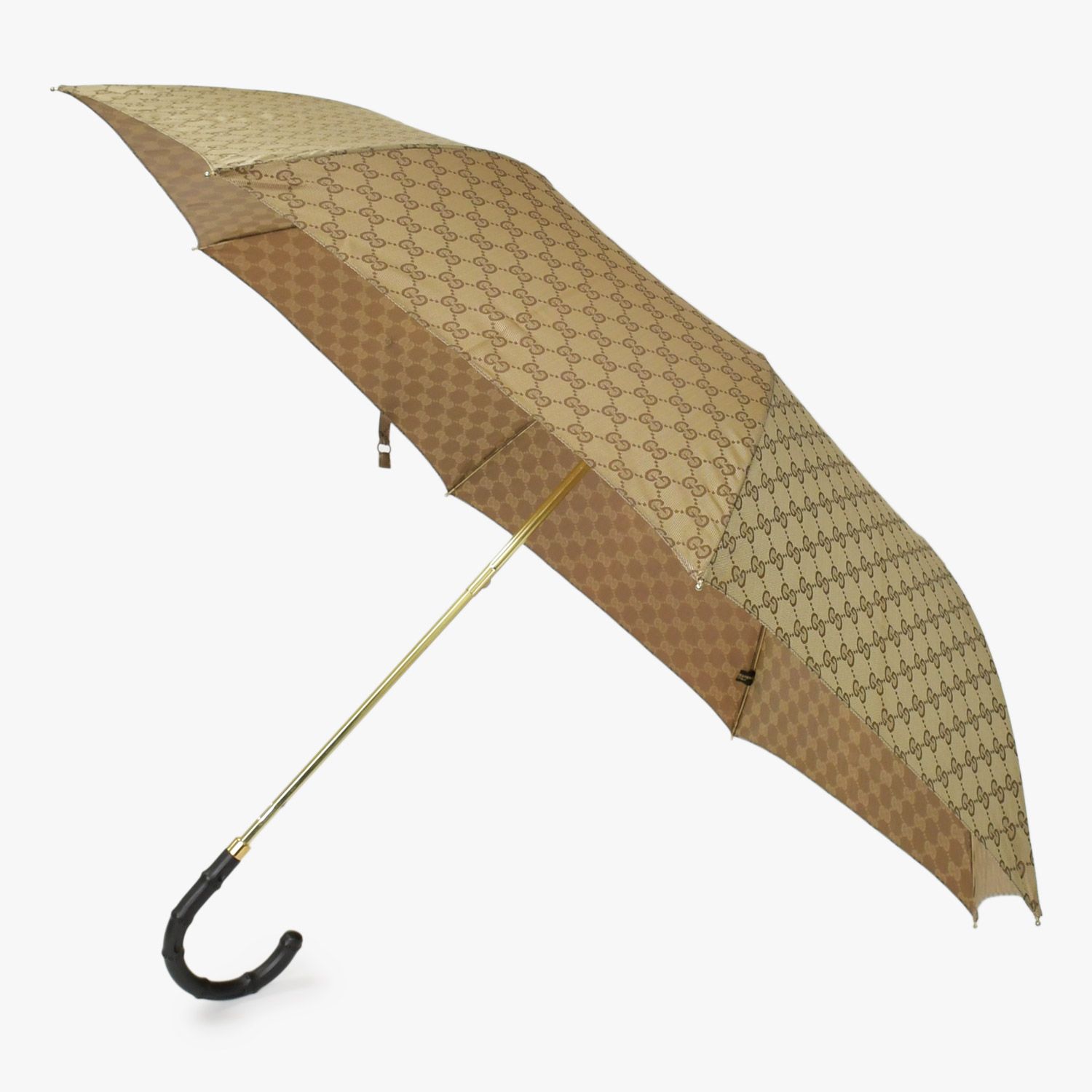 GUCCI グッチ 折りたたみ傘 アンブレラ GG柄 総柄 ポリエステル ウッド ベージュ ブラウン イタリア製 4 b 010120