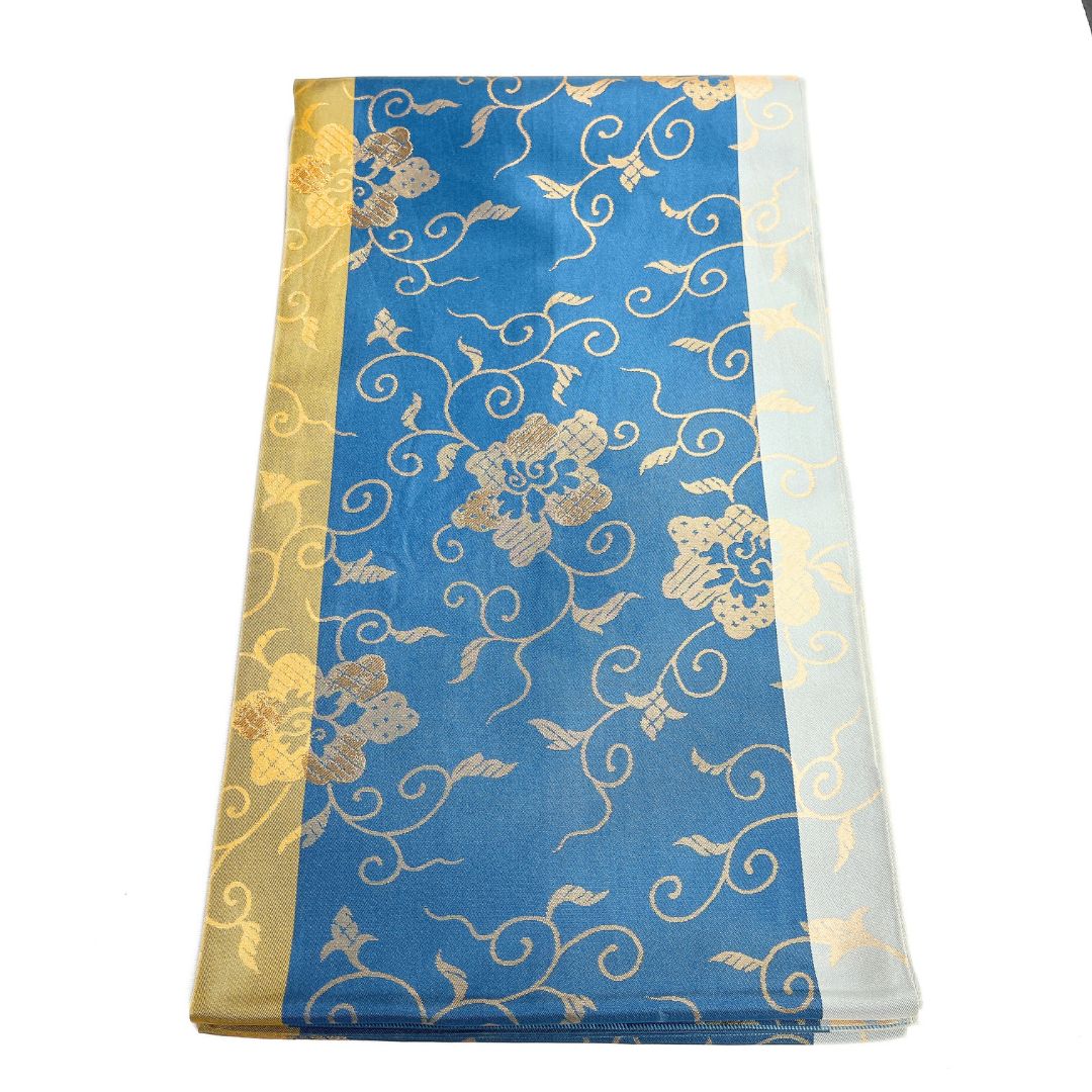 未着用　袋帯　リバーシブル　唐花　唐草　縦縞　紬　着物　101b d 袋帯 唐花草 縦縞 金糸 ブルー 着物 123b d ms - メルカリ