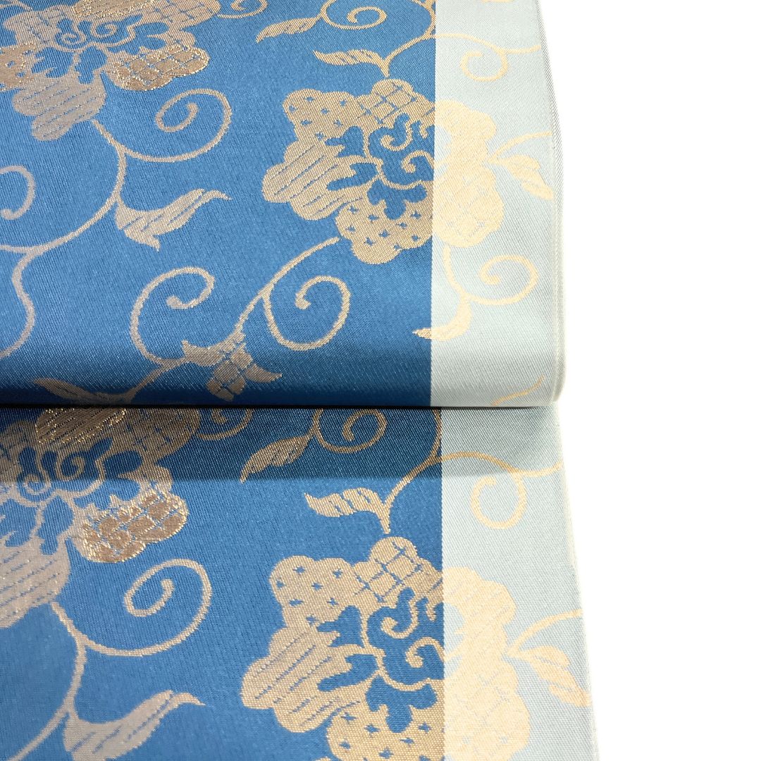 袋帯 唐花草 縦縞 金糸 ブルー 着物 123b d ms - メルカリ