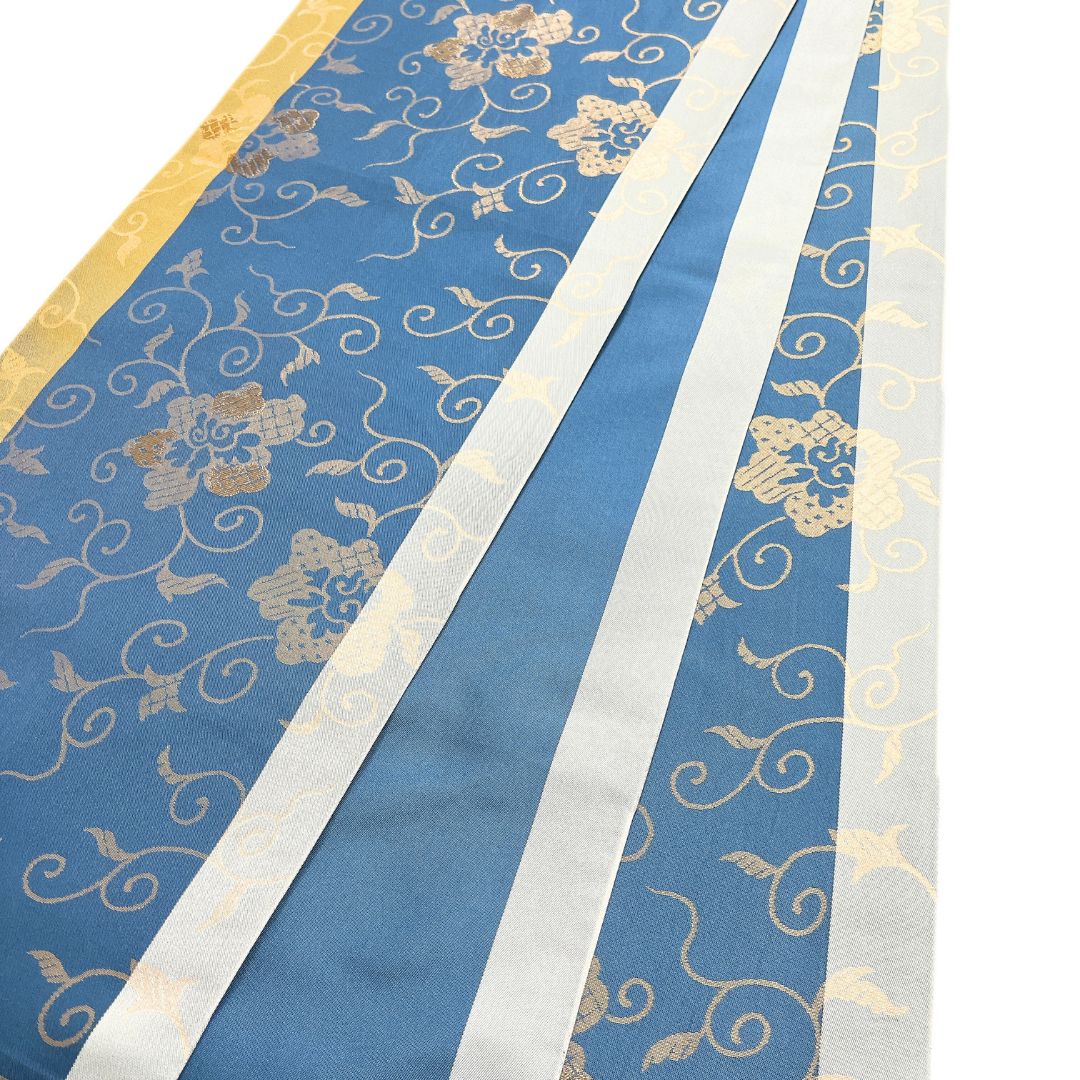 未着用　袋帯　リバーシブル　唐花　唐草　縦縞　紬　着物　101b d 袋帯 唐花草 縦縞 金糸 ブルー 着物 123b d ms - メルカリ