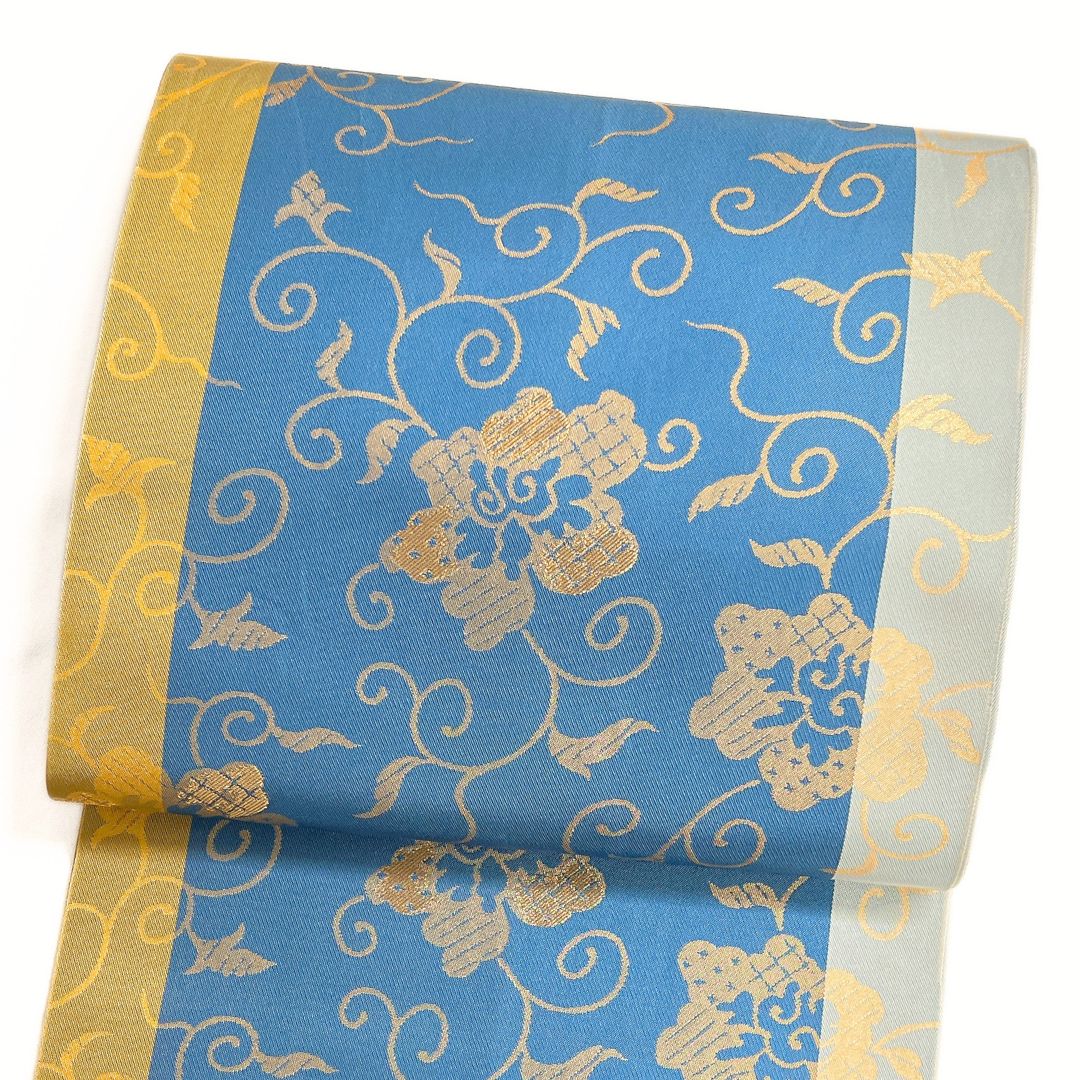袋帯 唐花草 縦縞 金糸 ブルー 着物 123b d ms - メルカリ