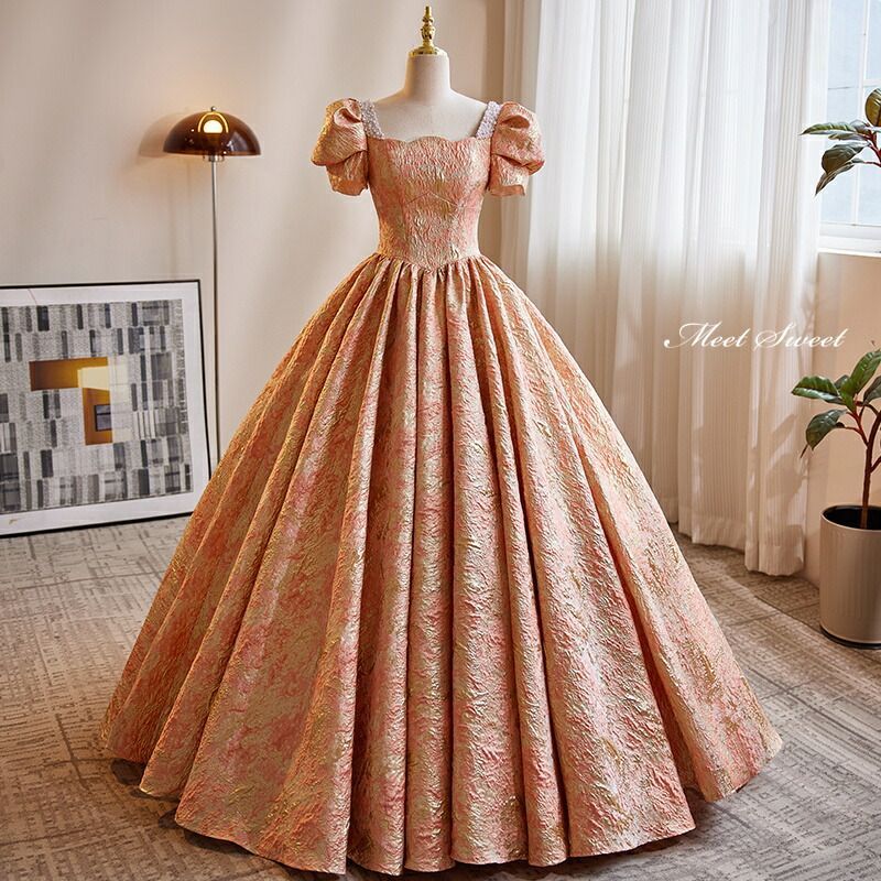 ドレス プリンセスライン ロングドレス オレンジ 半袖 凹凸感 編み上げ ウェディングドレス 結婚式 二次会 花嫁 前撮り 演奏会 発表会 ステージ衣装 ウエディングドレス パーティードレス ブライダル 大人 イブニングドレス コンサート コンクール