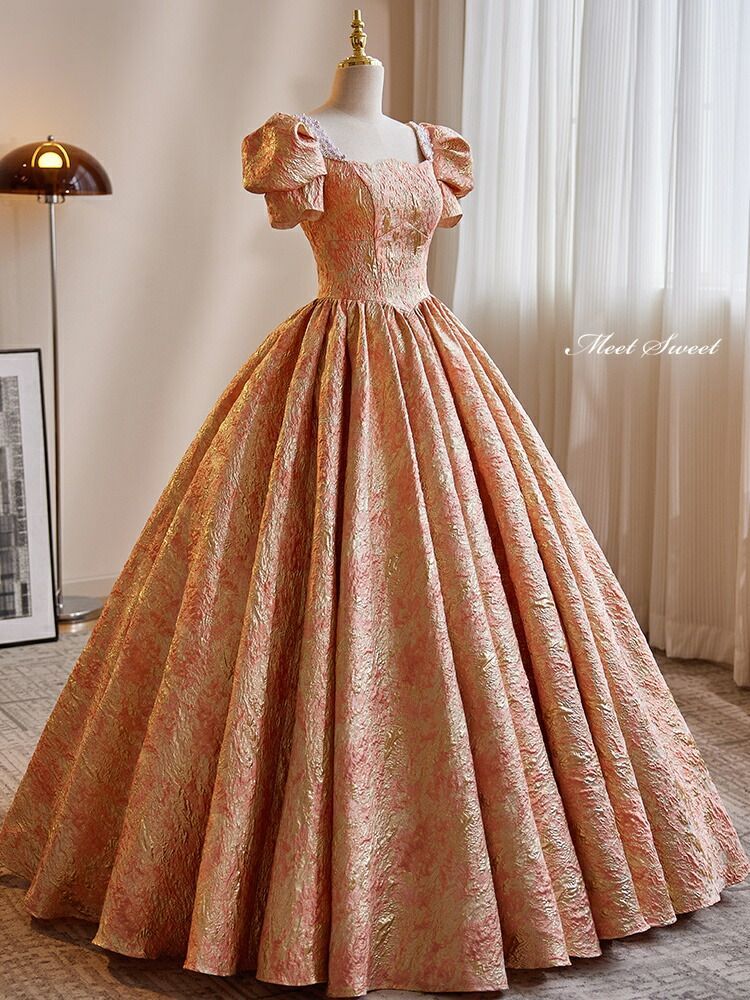 ドレス プリンセスライン ロングドレス オレンジ 半袖 凹凸感 編み上げ ウェディングドレス 結婚式 二次会 花嫁 前撮り 演奏会 発表会 ステージ衣装 ウエディングドレス パーティードレス ブライダル 大人 イブニングドレス コンサート コンクール