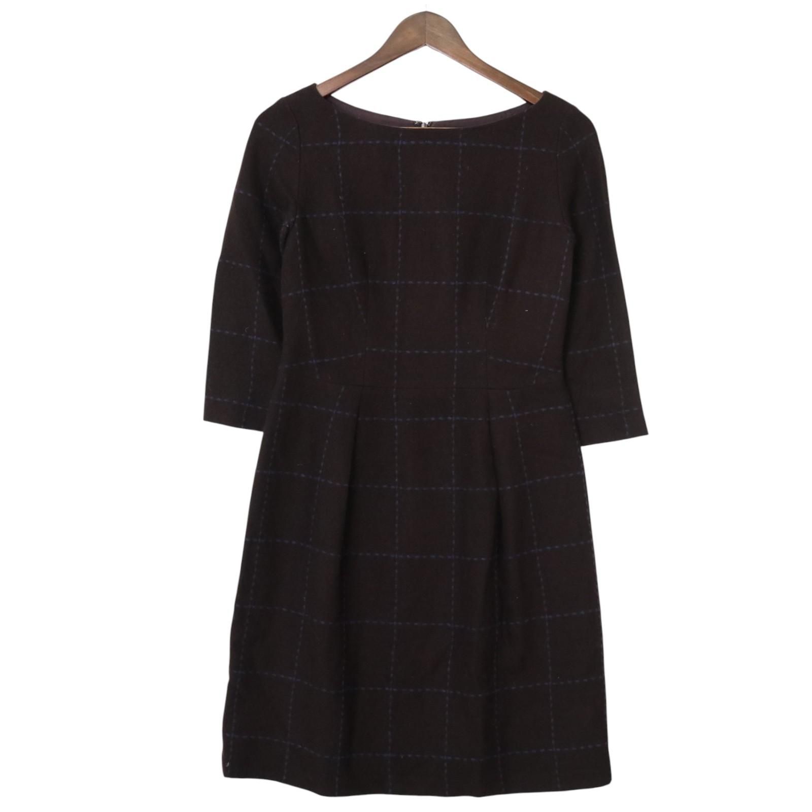 Sybilla シビラ 縮絨 ステッチ チェック柄 ウールワンピース 七分袖 ボートネック ミディ丈 美シルエット Aライン 茶ブラウン Mサイズ
