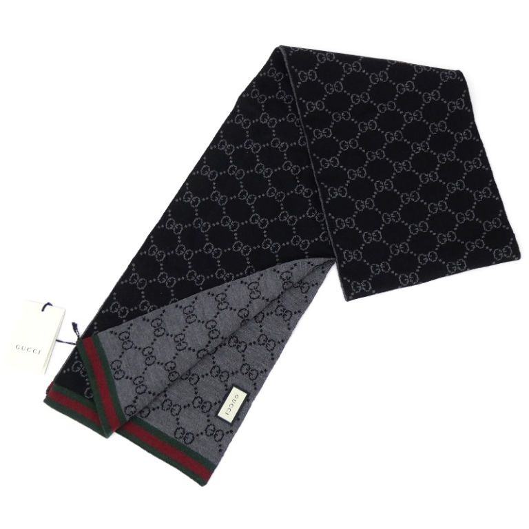 GUCCI GGパターン マフラー　グレーブラックリバーシブル グッチ GUCCI リバーシブルGGパターン マフラー 黒×グレー ウール