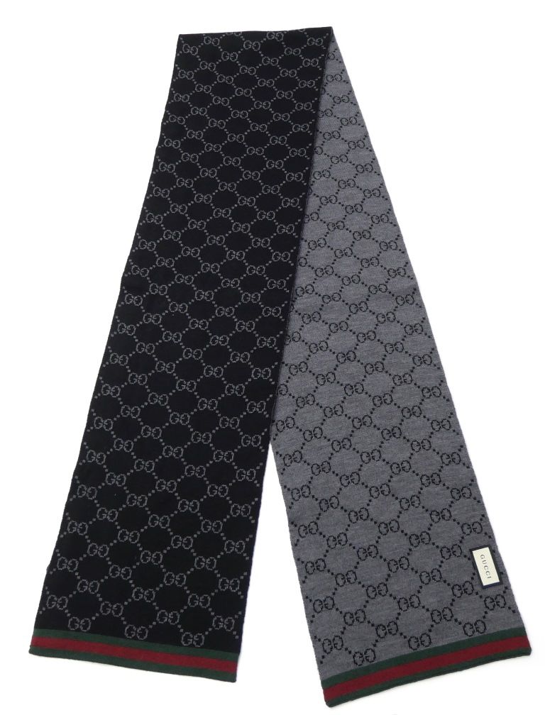 グッチ GUCCI リバーシブルGGパターン マフラー 黒×グレー ウール