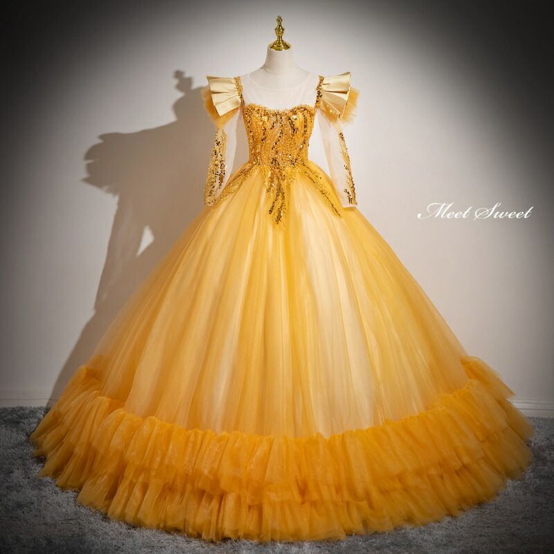  ドレス プリンセスライン ゴールド 長袖 プロムドレス フリル ロングドレス ウェディングドレス 結婚式 二次会 前撮り 演奏会 発表会 ステージ衣装 ウエディングドレス パーティードレス ブライダル パーティードレス ドレス ブライダル