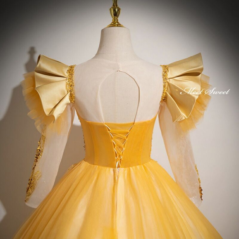 ドレス プリンセスライン ゴールド 長袖 プロムドレス フリル ロングドレス ウェディングドレス 結婚式 二次会 前撮り 演奏会 発表会 ステージ衣装 ウエディングドレス パーティードレス ブライダル