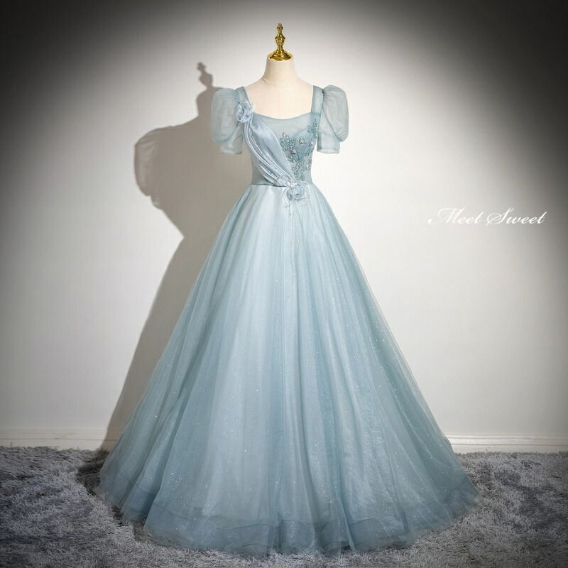 ドレス プリンセスライン ロングドレス ライトブルー 半袖 編み上げ 青 ウェディングドレス 結婚式 二次会 花嫁 前撮り 演奏会 発表会 ステージ衣装 ウエディングドレス パーティードレス ブライダル