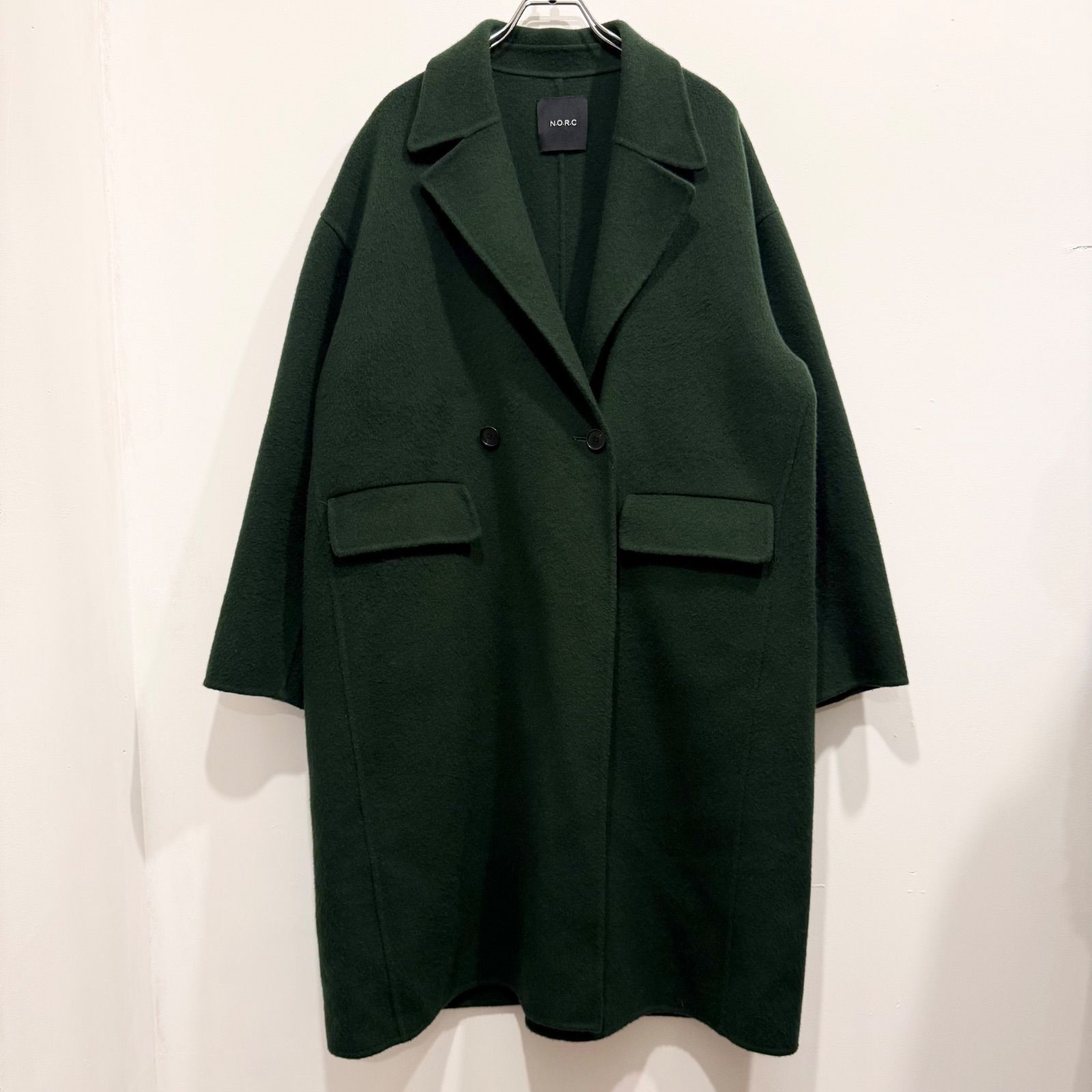 【新品未使用タグ付】N.O.R.C ノーク ミディ丈ウールリバーコート　グリーン 新品未使用タグ付】N.O.R.C ノーク ミディ丈ウールリバーコート