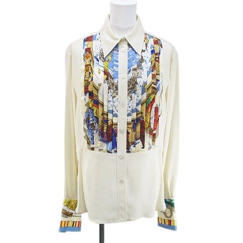 エルメス HERMES プリーツ スカーフ柄 シャツ ブラウス 絹 シルク 42