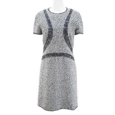 シャネル CHANEL M 8931 半袖 膝丈 フ ワンピース ツイード 絹 シルク CCマーク ココマーク 38 灰系 グレー フランス製 裏地