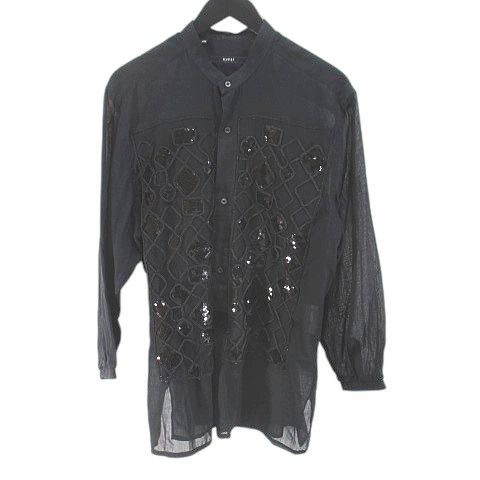 グッチ GUCCI 105935 Z1108 長袖 ノーカラーシャツ 40 黒系 ブラック イタリア製 シースルー 透け感 スパンコール 刺繍
