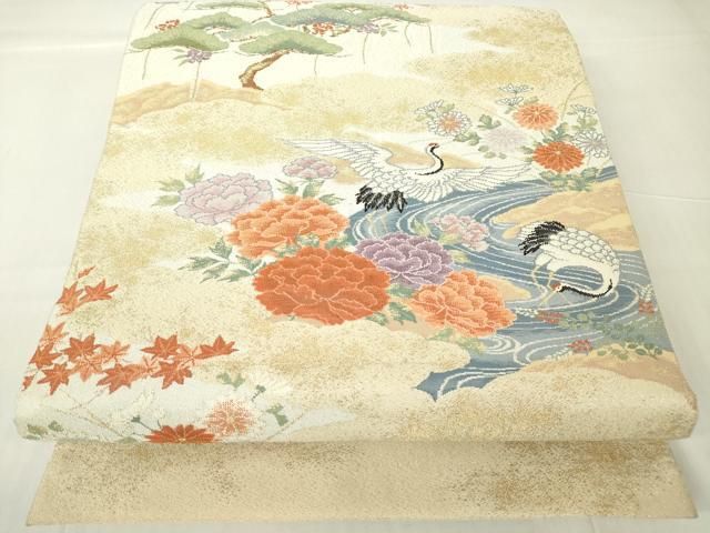 平和屋着物▽綴れ 太鼓柄袋帯 吉祥飛鶴花松文 金銀糸 正絹 逸品