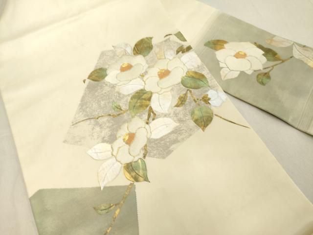 平和屋着物◎塩瀬 九寸名古屋帯 駒刺繍 草花文 椿 金銀彩 正絹 逸品