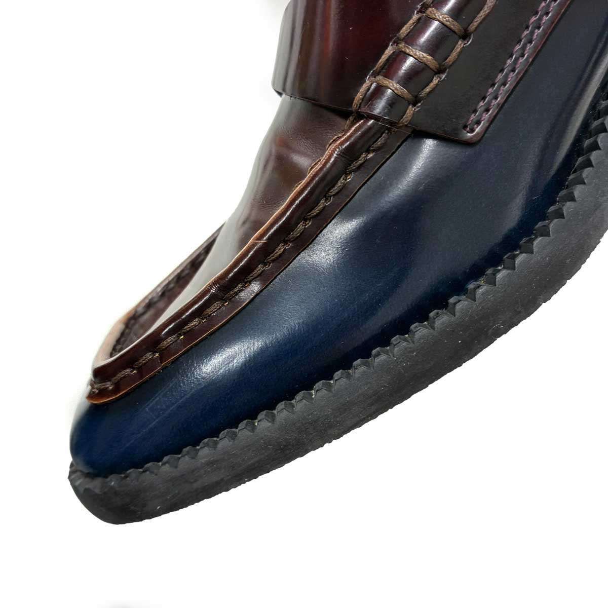  TOD’S トッズ スクエアトゥ バイ ヒールローファー ブラウン×ネイビー 39 ローファー 革靴 靴