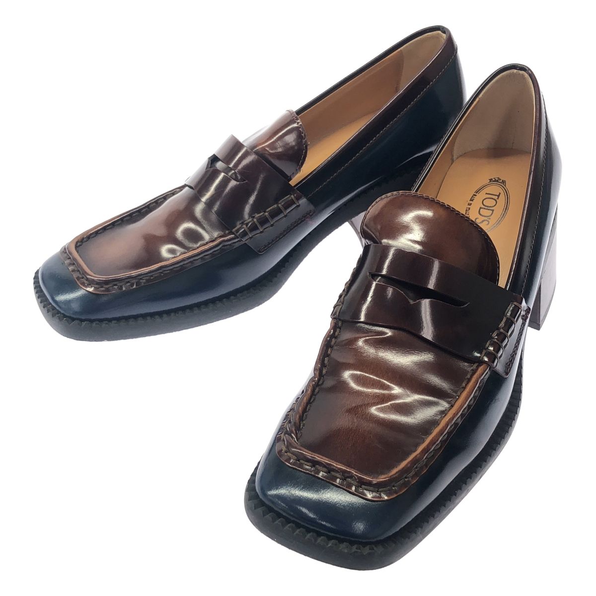 TOD’S トッズ スクエアトゥ バイ ヒールローファー ブラウン×ネイビー 39