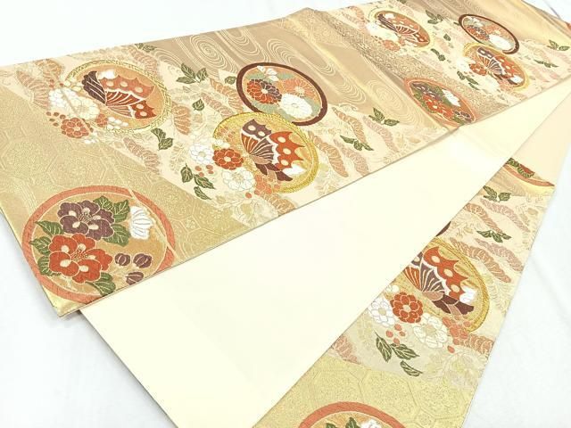 平和屋着物◎六通柄袋帯 唐織 花蝶丸文 金糸 正絹 逸品 未使用