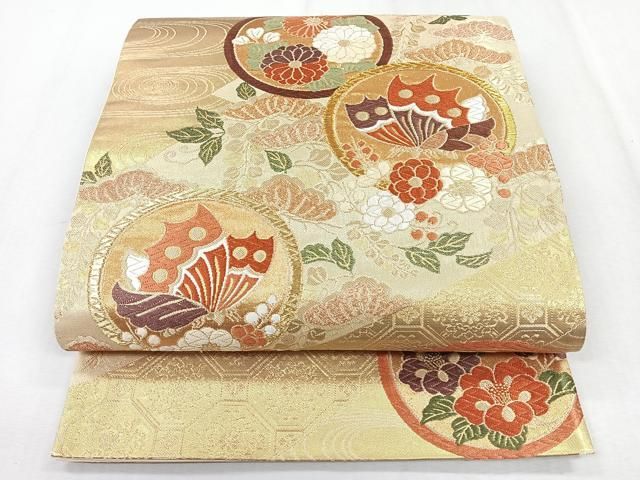 平和屋着物◎六通柄袋帯 唐織 花蝶丸文 金糸 正絹 逸品 未使用