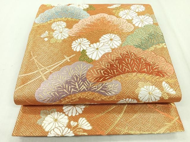 平和屋着物●六通柄袋帯　唐織　兎花文　金糸　正絹　逸品　DAAX8804cm 平和屋着物◎佐賀錦 六通柄袋帯 唐織 吉祥花文 松 菊 金糸 正絹 逸品