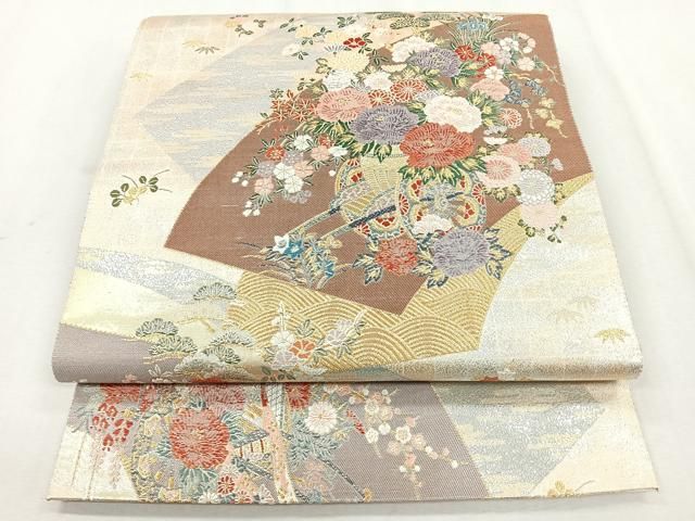 平和屋着物◎六通柄袋帯 扇面重に花車文 金銀糸 正絹 逸品 CABB0840nb