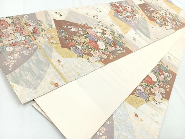 平和屋着物◎六通柄袋帯 扇面重に花車文 金銀糸 正絹 逸品 CABB0840nb