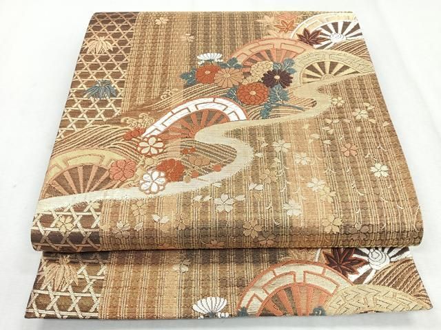 平和屋着物◎両面 六通柄袋帯 唐織 片輪車花文 松竹梅 金糸 正絹 逸品
