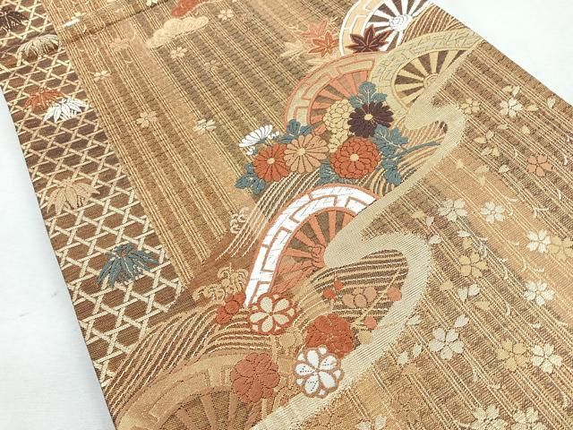 平和屋着物◎両面 六通柄袋帯 唐織 片輪車花文 松竹梅 金糸 正絹 逸品