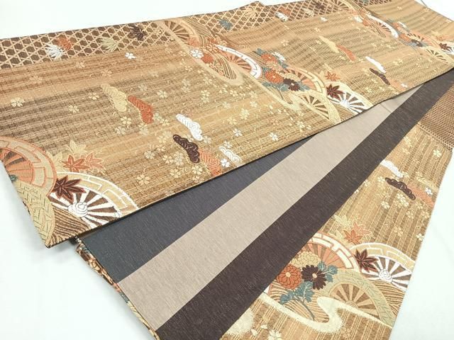 平和屋着物●両面　六通柄袋帯　唐織　市松横段松竹梅　金糸　正絹　逸品　CABB0754hy 平和屋着物◎両面 六通柄袋帯 唐織 片輪車花文 松竹梅 金糸 正絹 逸品