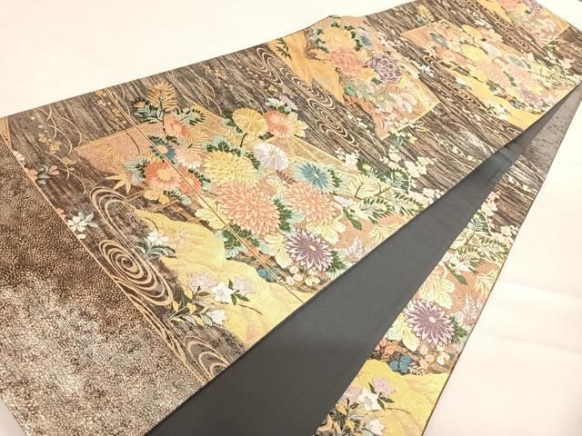 平和屋着物◎六通柄袋帯 唐織 流水草花文 金銀糸 正絹 逸品 AABD5779yx