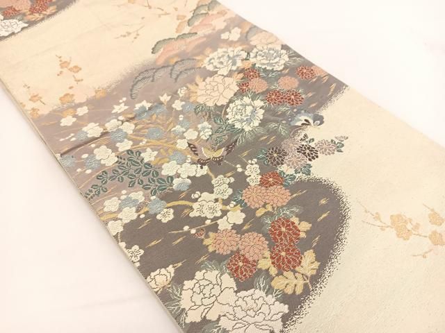 平和屋着物◎六通柄袋帯 唐織 つづれおり 花蝶文 金銀糸 正絹 逸品