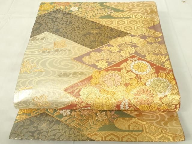 平和屋着物◎佐賀錦 両面 六通柄袋帯 松皮菱花文 金糸 正絹 逸品