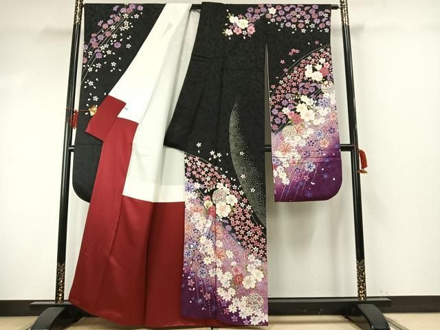 平和屋着物 豪華振袖 駒刺繍 草花毬文 暈し染め 黒地 健勝苑扱い 正絹 fy