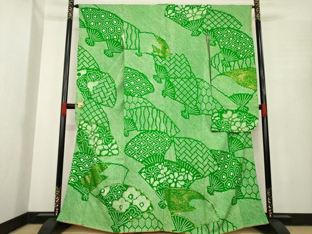 平和屋着物 豪華振袖 総絞り 駒刺繍 扇面花文 金彩 正絹 ck