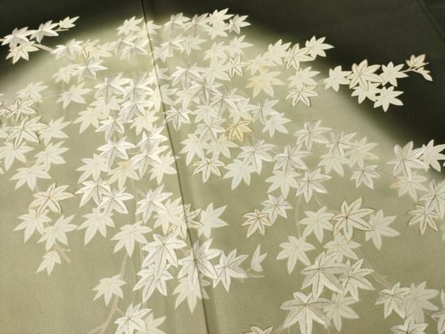 平和屋着物○訪問着 刺繍 枝葉文 楓 暈し染め 黒地 金糸 正絹 逸品