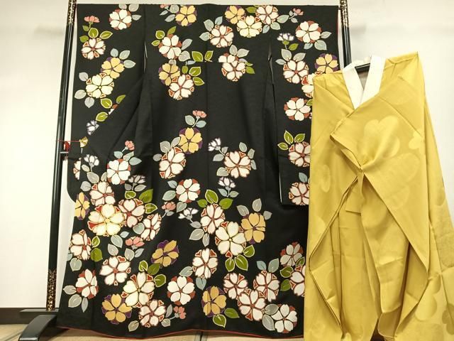 平和屋着物 豪華振袖 長襦袢 袷 セット 駒刺繍 草花文 黒地 金彩 正絹 fy