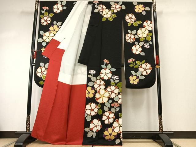 平和屋着物 豪華振袖 長襦袢 袷 セット 駒刺繍 草花文 黒地 金彩 正絹 fy