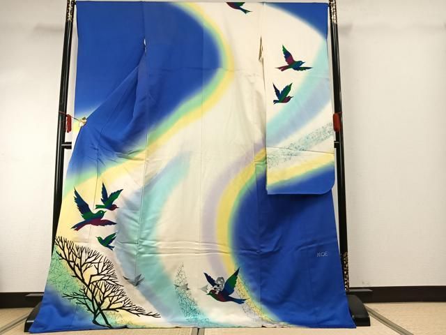 平和屋着物 絵本作家 永田萌 振袖 飛鳥文 暈し染め 銀通し地 正絹 fy